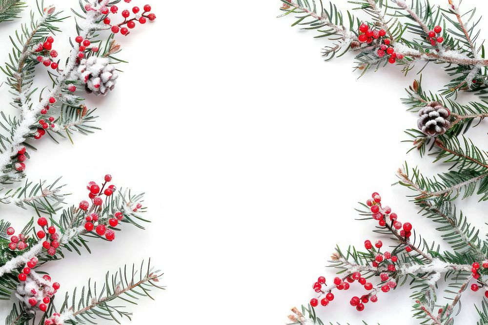 Christmas top border with snow-covered fir branches and red berries on a white background christmas accessories accessory.