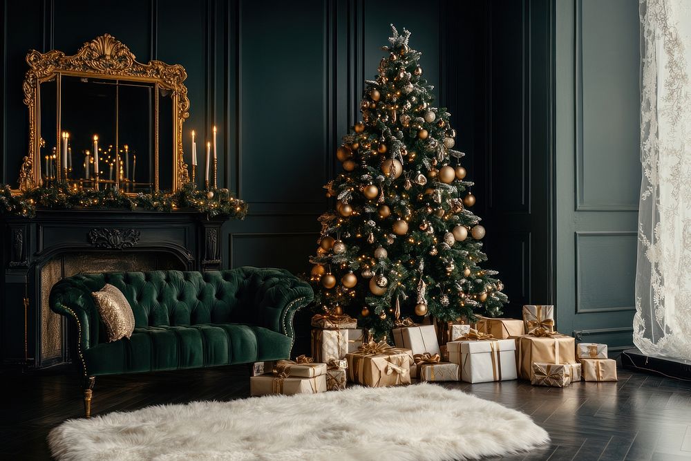 Christmas tree with presents underneath it in a luxury living room christmas furniture candles.