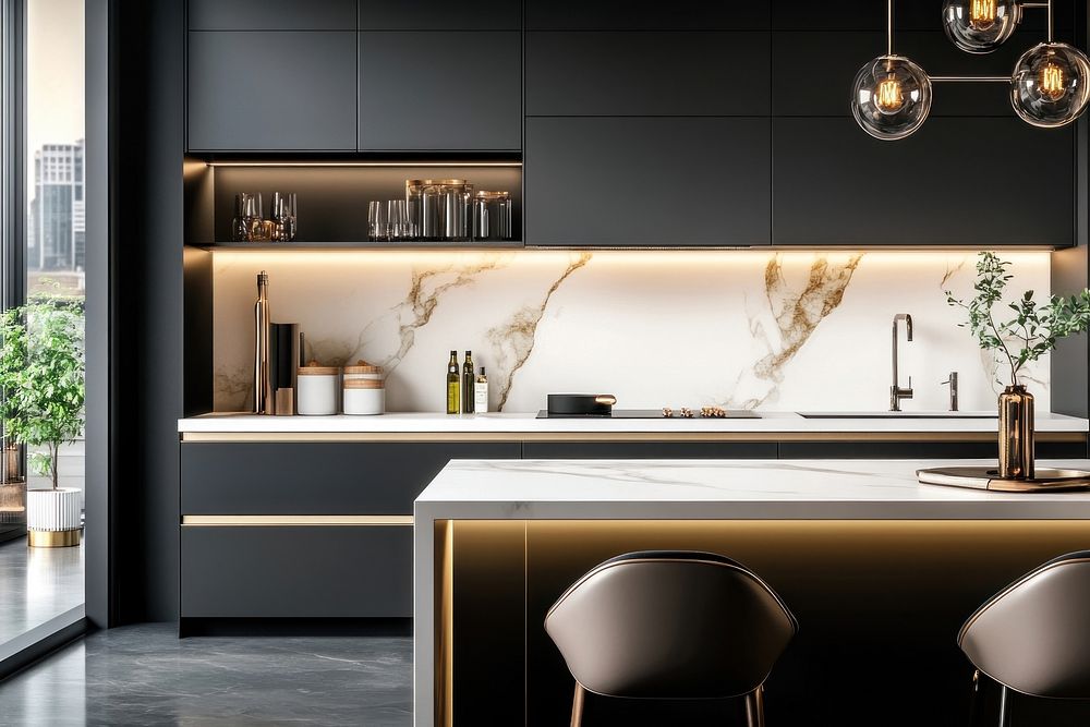 Modern luxury kitchen interior with black cabinets accessories apartment lighting.