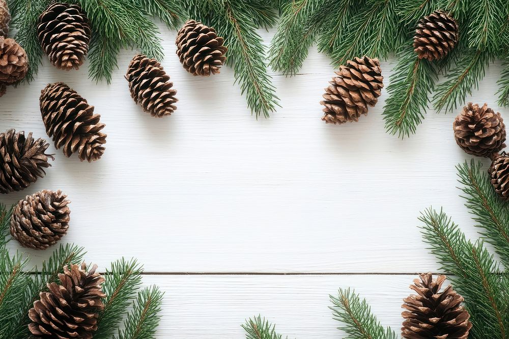 Christmas tree branches with pine cones border conifer plant larch.