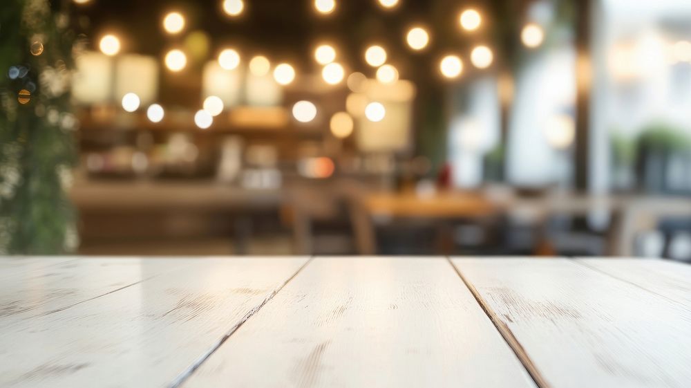 Empty white wooden table top with a blurred bokeh restaurant architecture furniture.