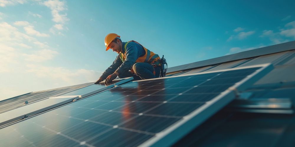 Worker installing rooftop solar panels