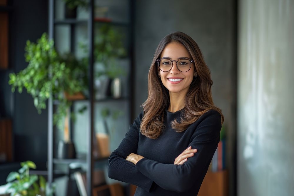 Hispanic smiling toothy Latino Indian successful confident Arabian businesswoman glasses female office.