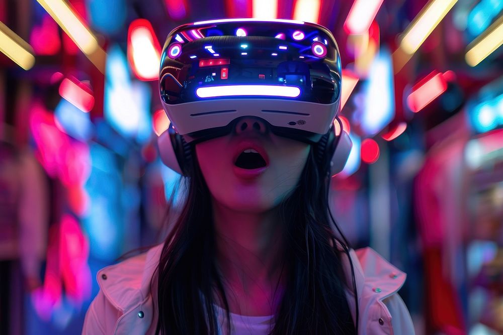 Asian woman in a VR headset vr headset performer lighting.