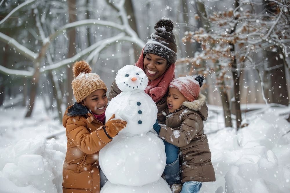 Black mother and black children outdoors snowman nature.