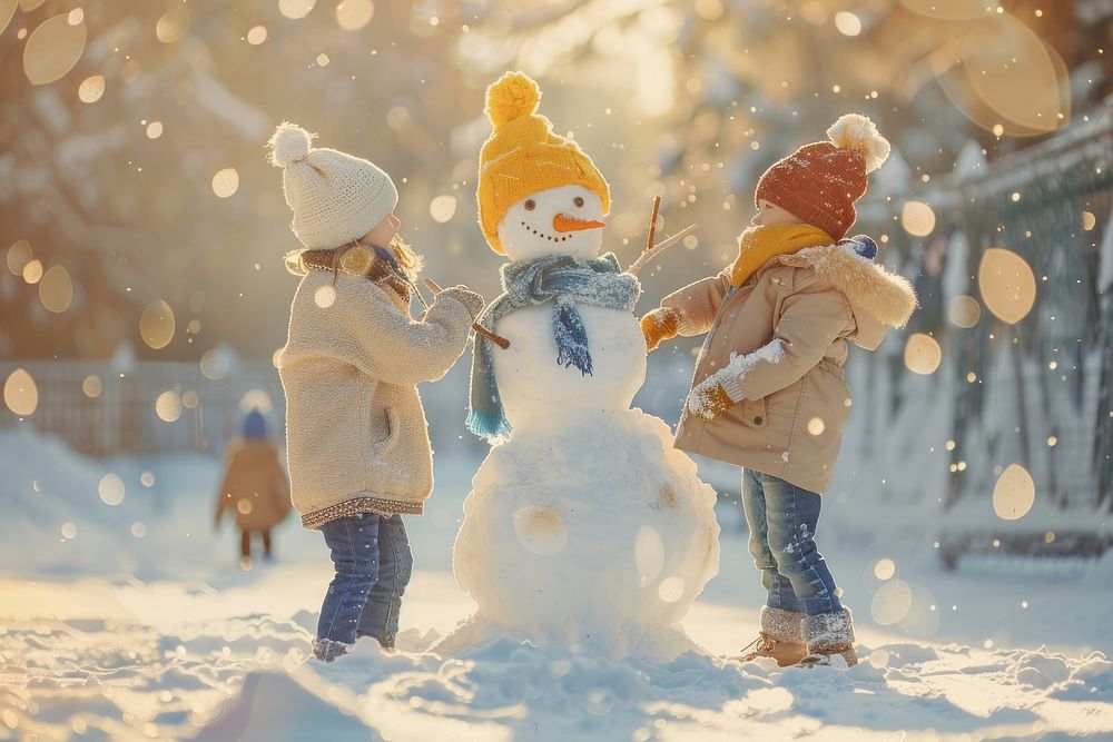 Family building snowman nature winter outdoors.