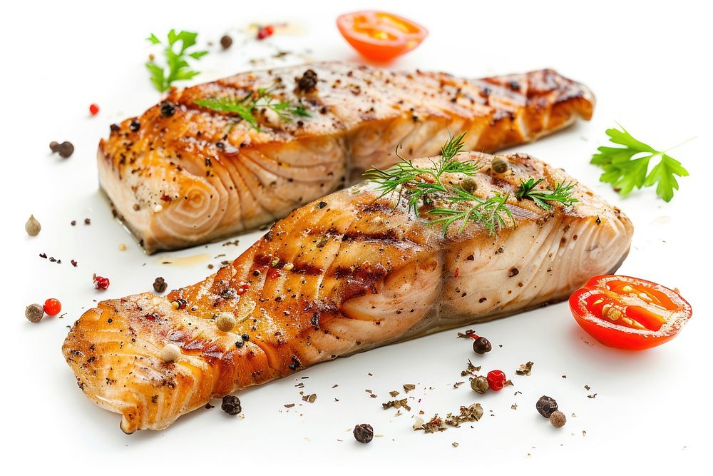 Grilled fish steaks background seafood salmon.