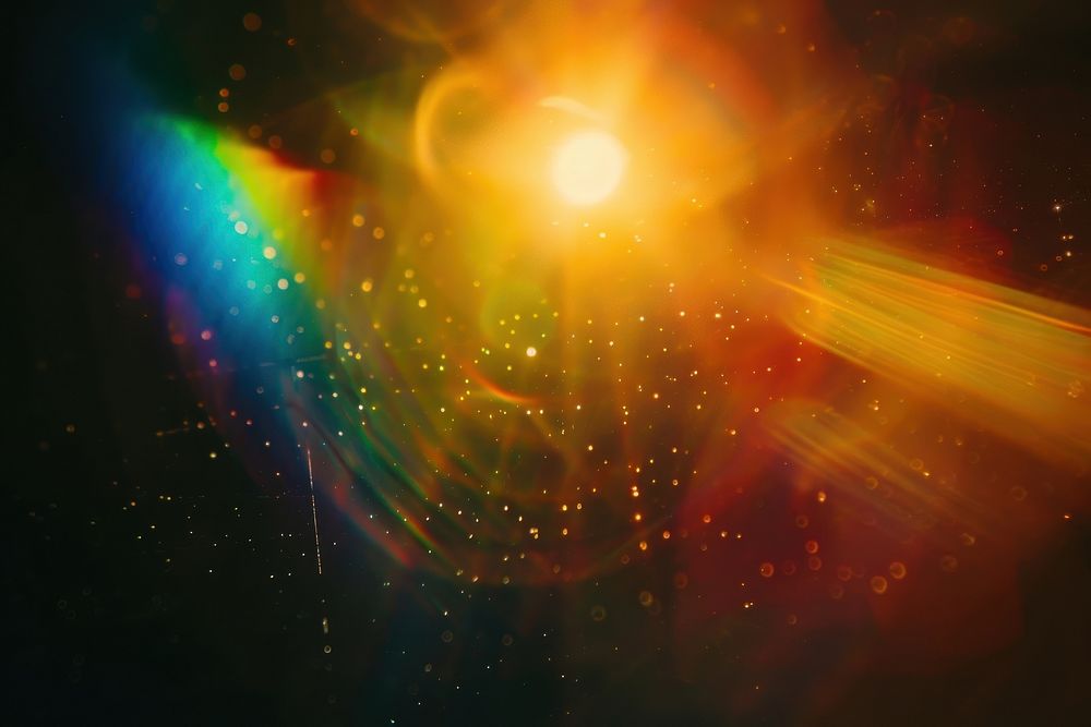 Colorful lens flare with rainbow colors over a black background light astronomy outdoors.