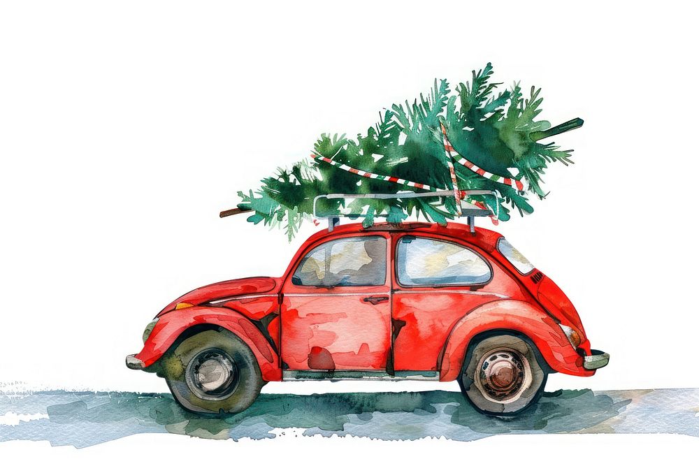 Christmas tree on the roof of a red car illustration watercolor christmas.