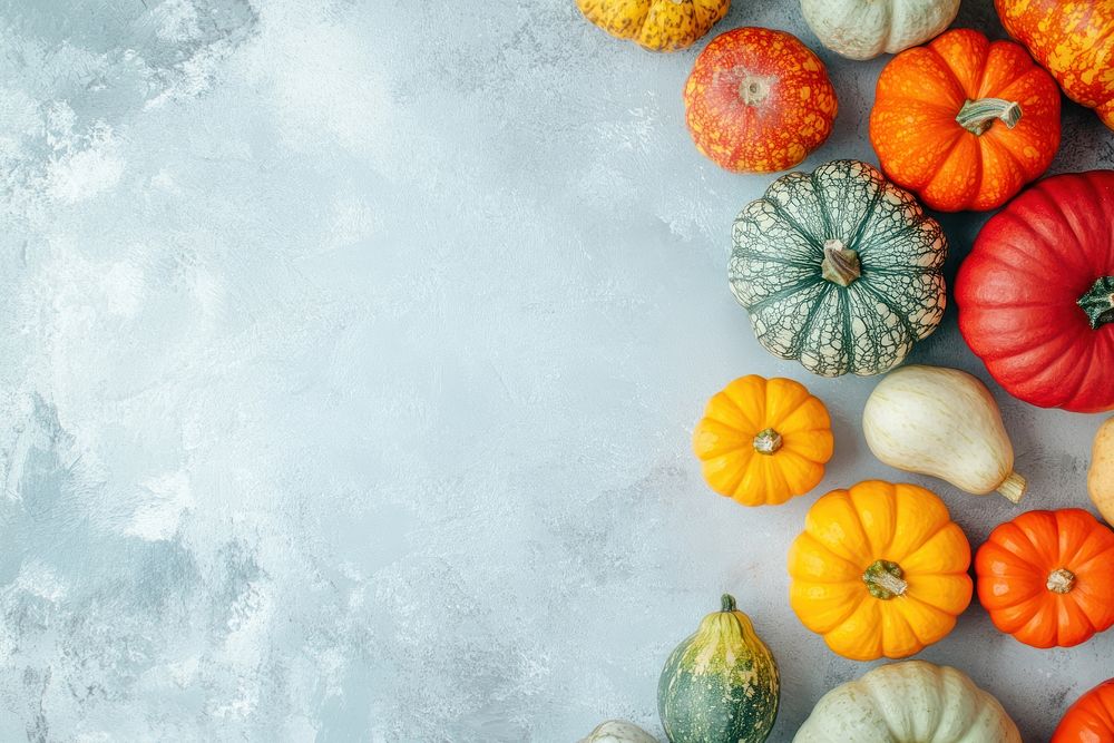 Autumn background with differently colored pumpkins on a light blue table vegetable produce squash.