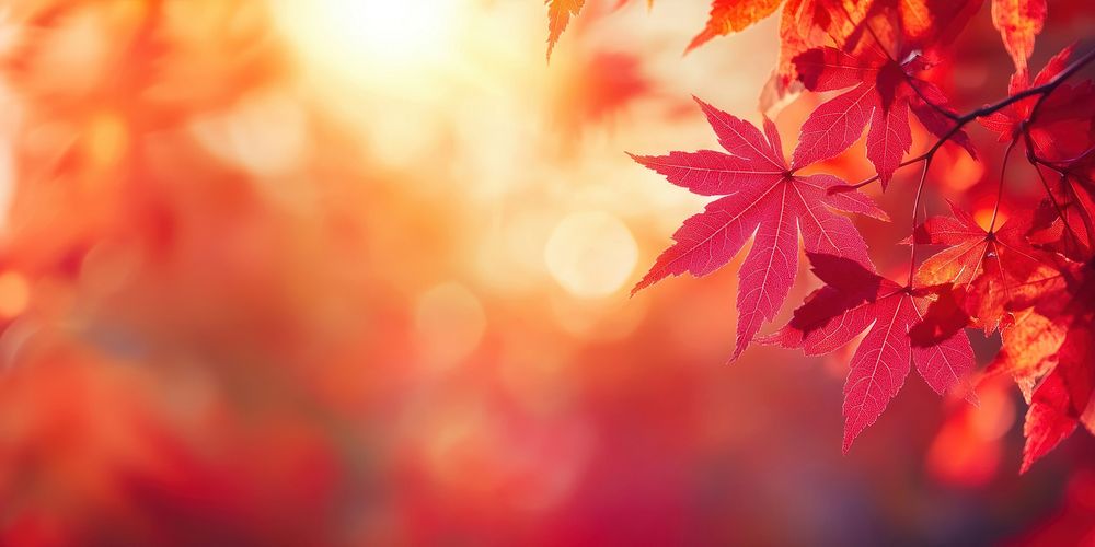 Beautiful autumn background with red maple leaves and blurred sunlight in the morning leaf seasonal scenery.