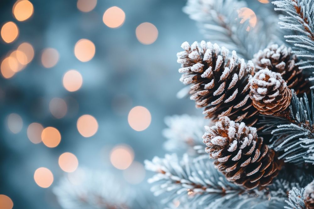 Frosty tree branches with pine cones nature background christmas.