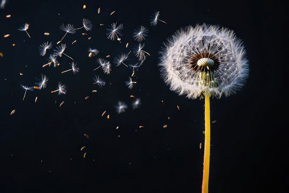 Dandelion with seeds blowing away clear dark sky photography background dispersal.