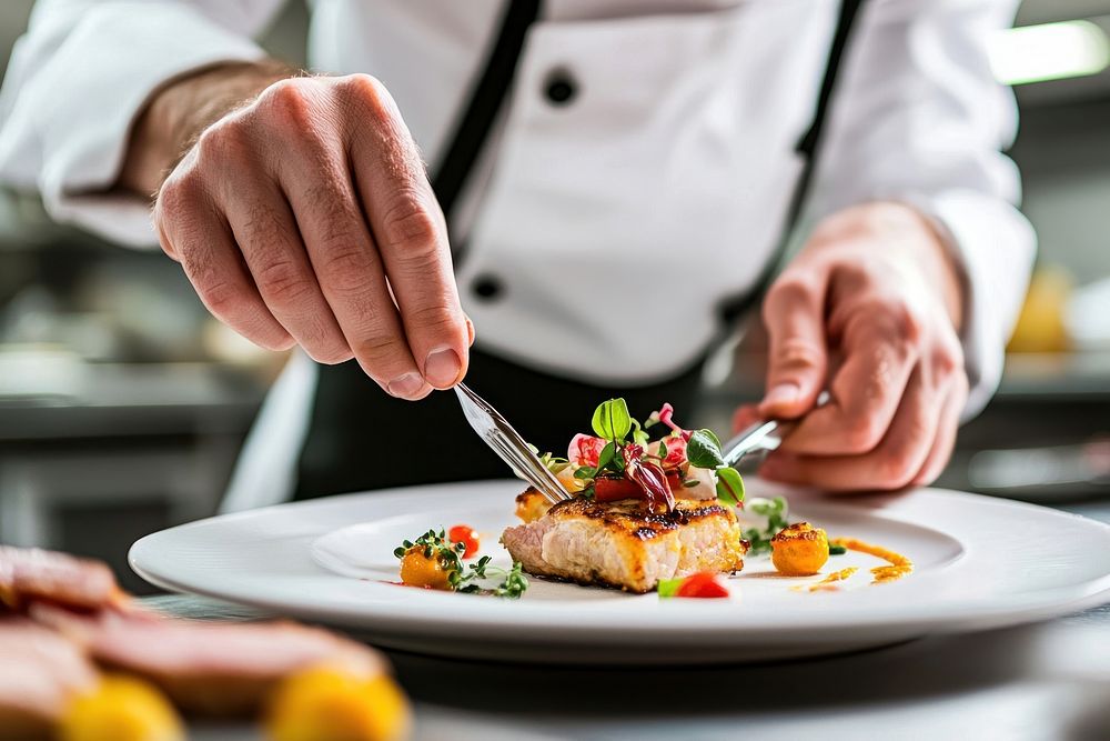 An executive chef plating up an exquisite dish on a white plate food professional presentation.