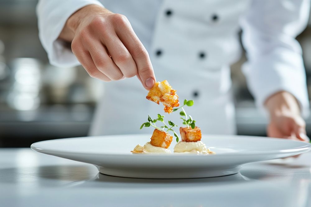 Chef plating up an exquisite dish on a white plate professional presentation food.