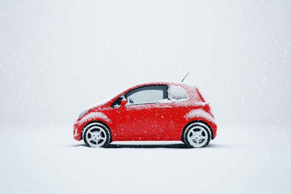 A snowy red car transportation vehicle white.