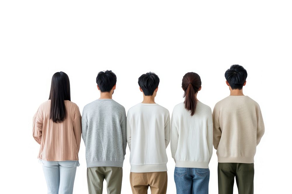 Group of asian people looking on blank wall person backs clothing.