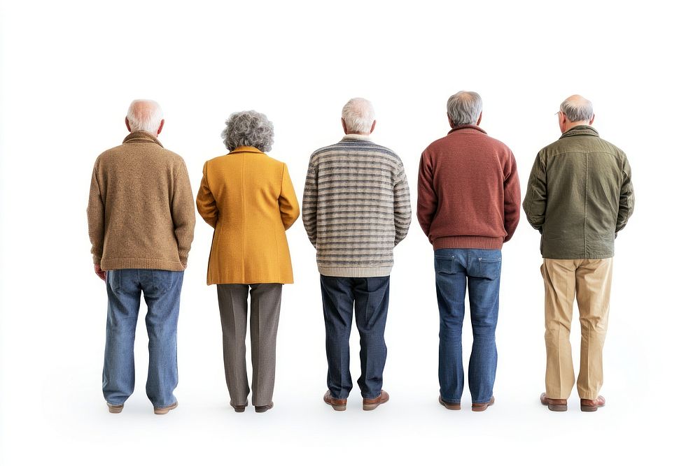 Group of senior people looking on blank wall back background clothing.