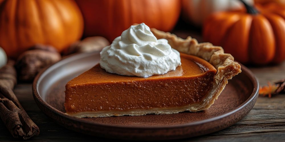 Slice of pumpkin pie with whipped cream plate cheesecake dessert.