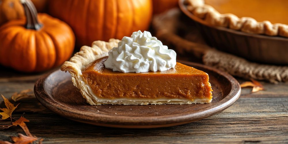 Slice of pumpkin pie with whipped cream plate cheesecake dessert.