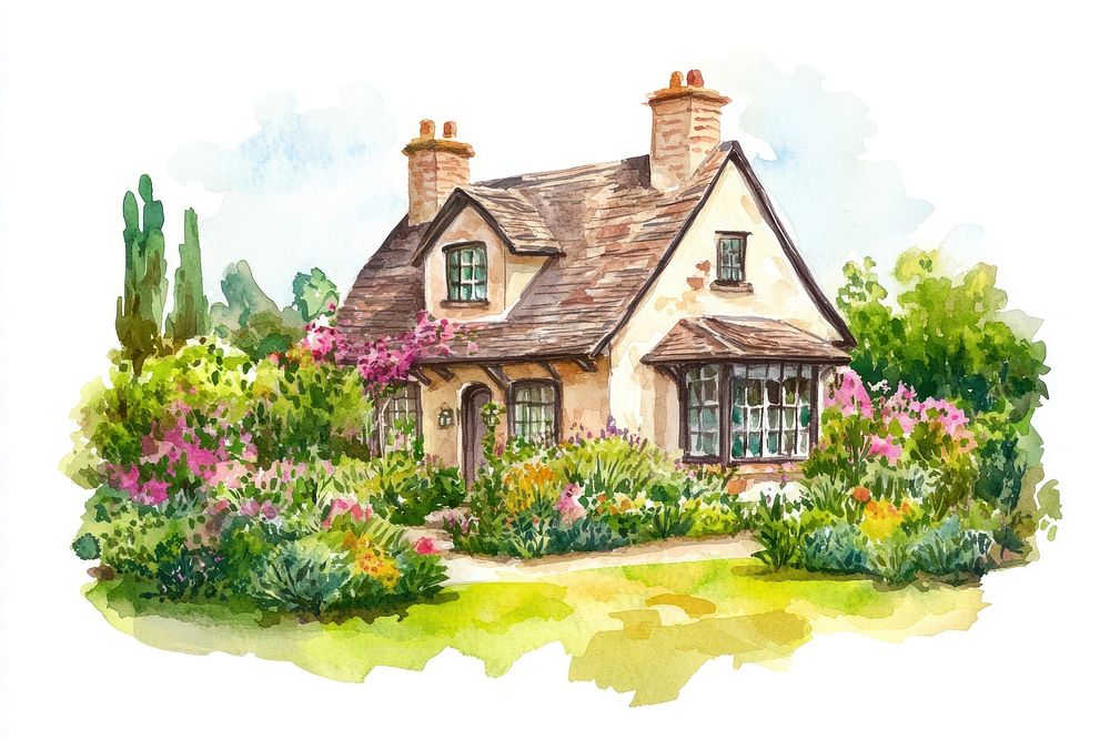 English cottage with garden art illustration watercolor.