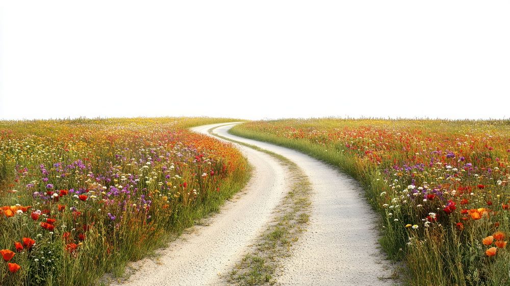 Country road flower fields flowers landscape outdoors.