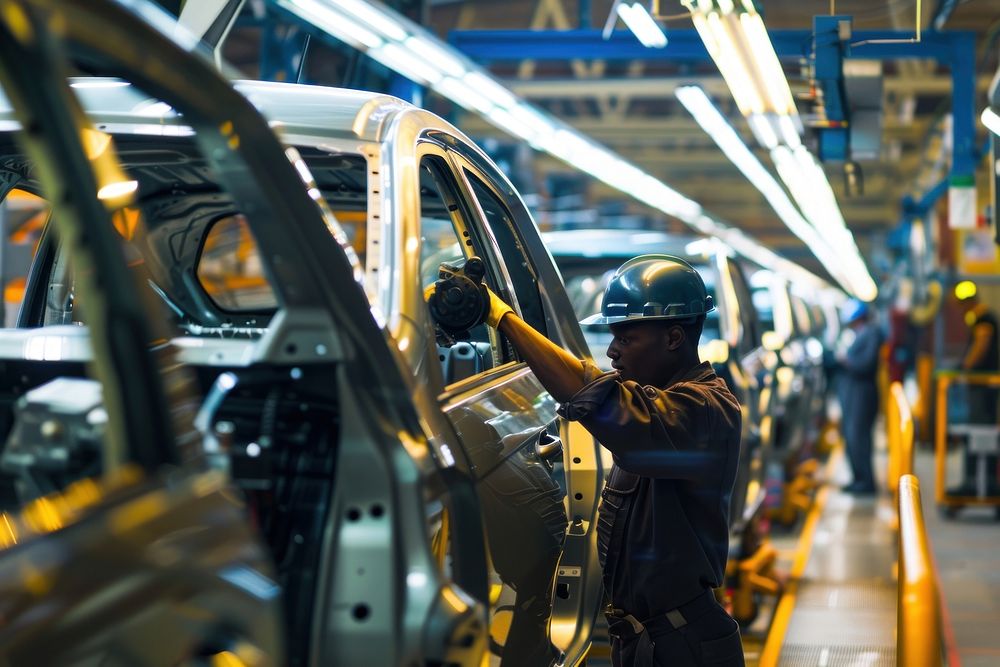 Black Engineer worker manufacturing factory car.