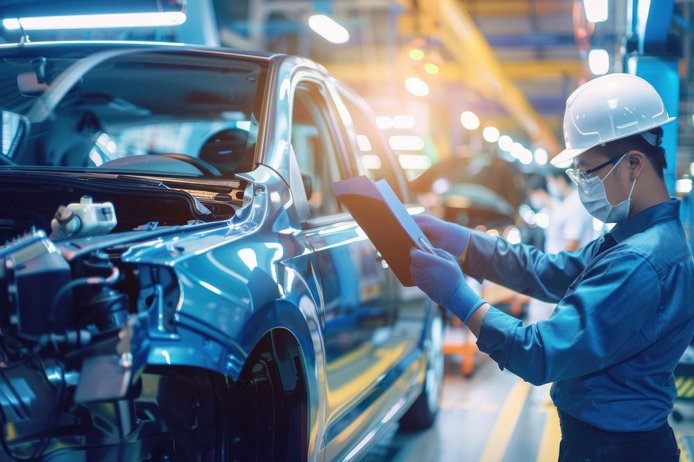 Engineer worker manufacturing factory car.