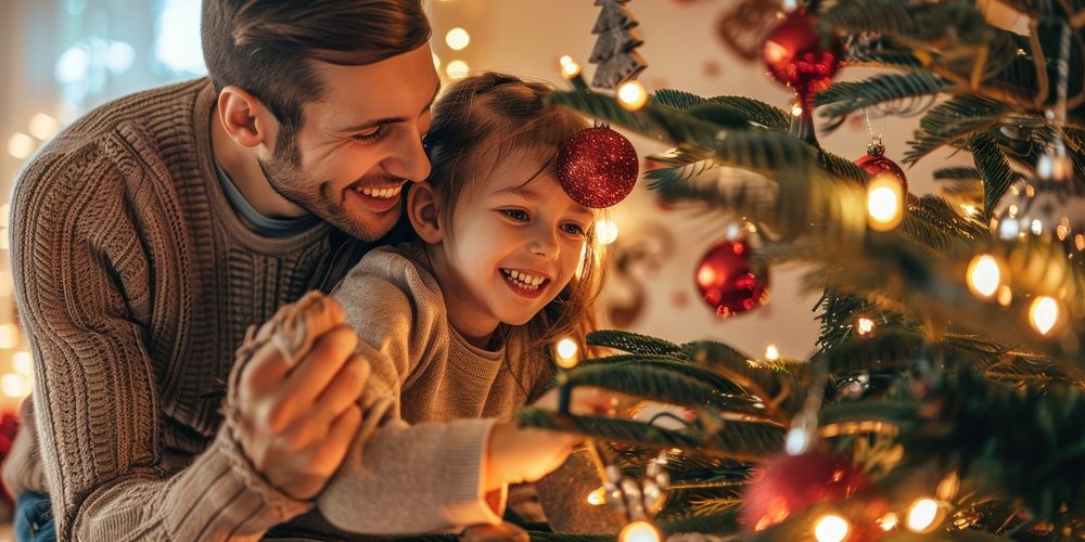 Happy family of decorating a Christmas tree christmas lights christmas tree.