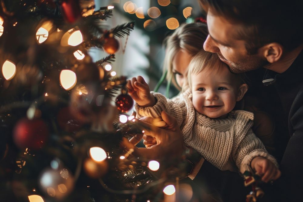 Happy family of decorating a Christmas tree christmas together lights.