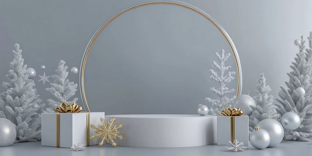 Podium display with snowflake and Christmas christmas decorations background.