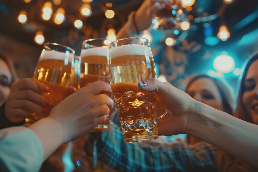 Friends clinking beer glasses in a bar party celebration cheers.