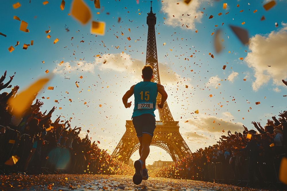 Runner celebrating near Eiffel Tower