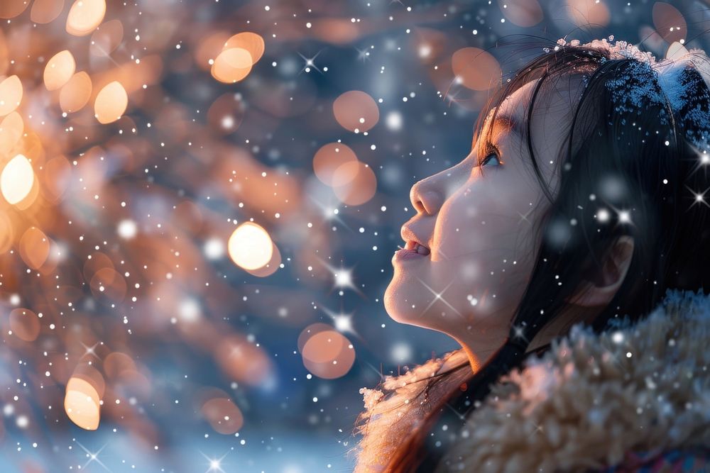 Snow background portrait outdoors.