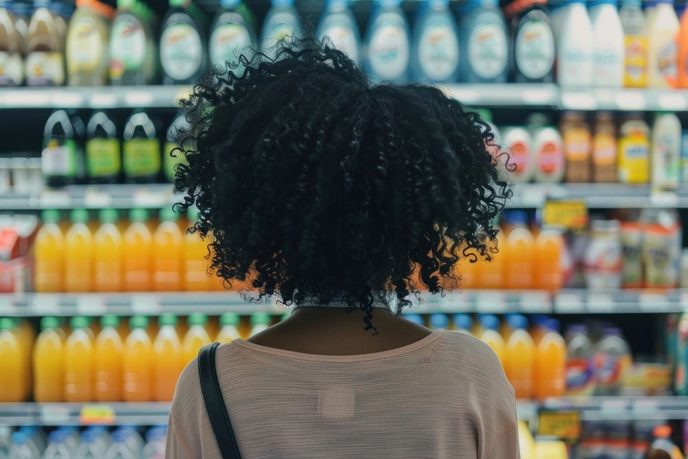 Young woman looking at bottle of juice in grocery store bottles hair back.