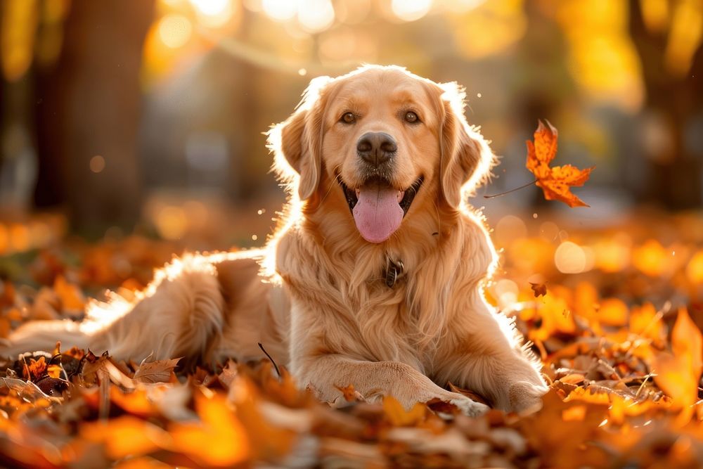 Happy Golden retriever lay on maple leafs and fall autumn leaves outdoors.