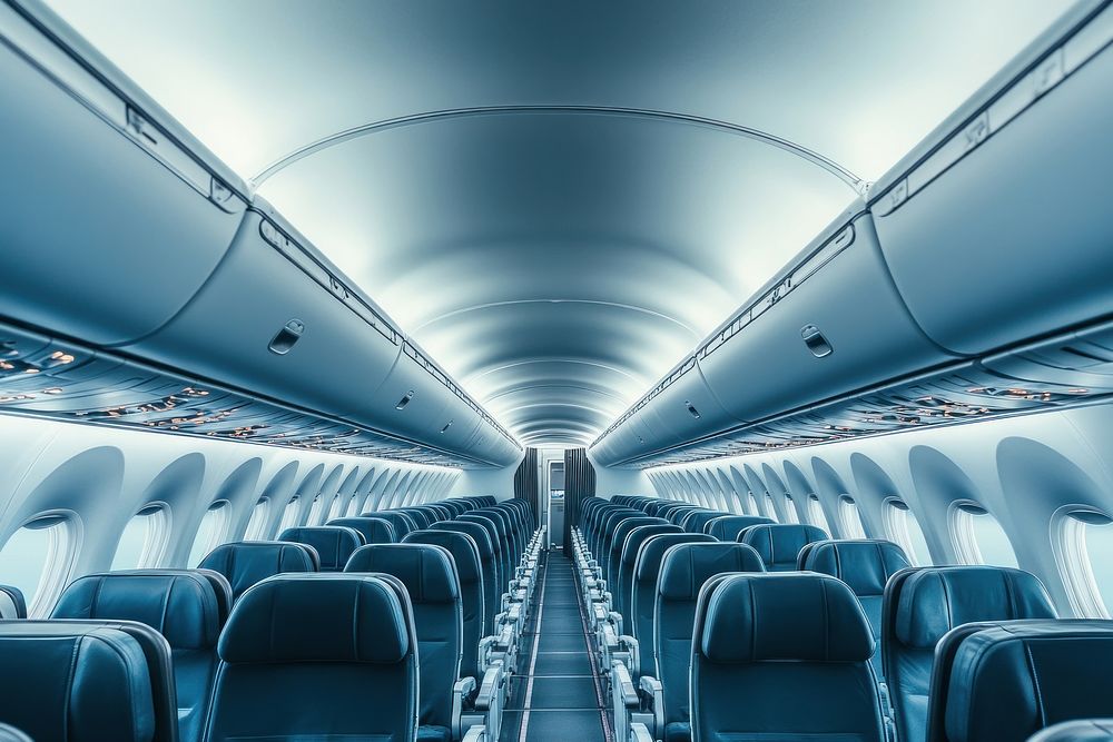 Interior of a modern passenger plane aircraft airplane interior.