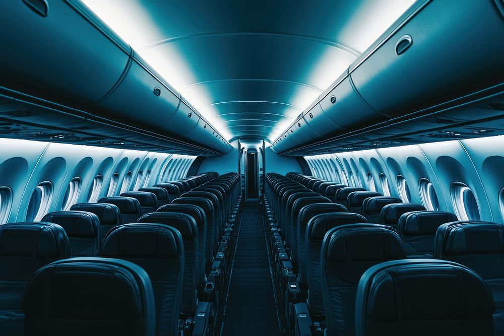 Interior of a modern passenger plane aircraft airplane interior.