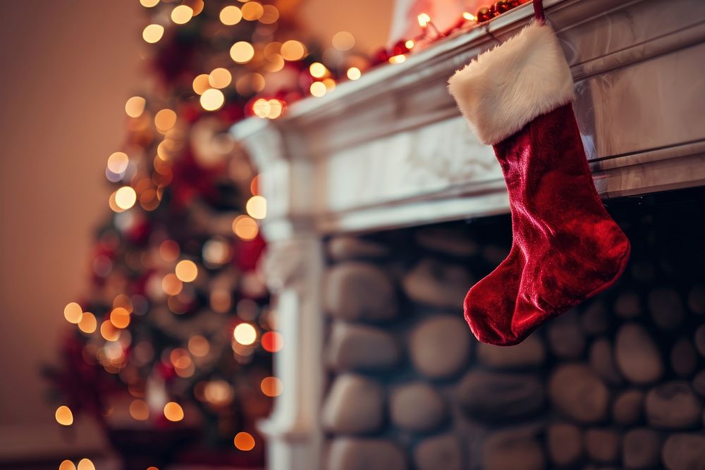 Red christmas sock on fireplace mantle stocking holiday decor.