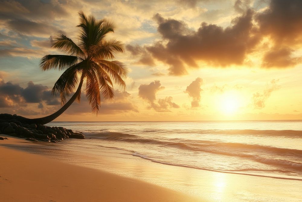 Scenic coral beach with palm tree shoreline landscape arecaceae.