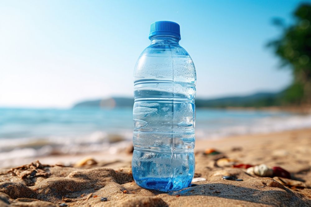 Plastic water bottle beach environmental refreshment.