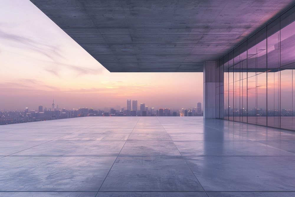 Modern rooftop cityscape at sunset