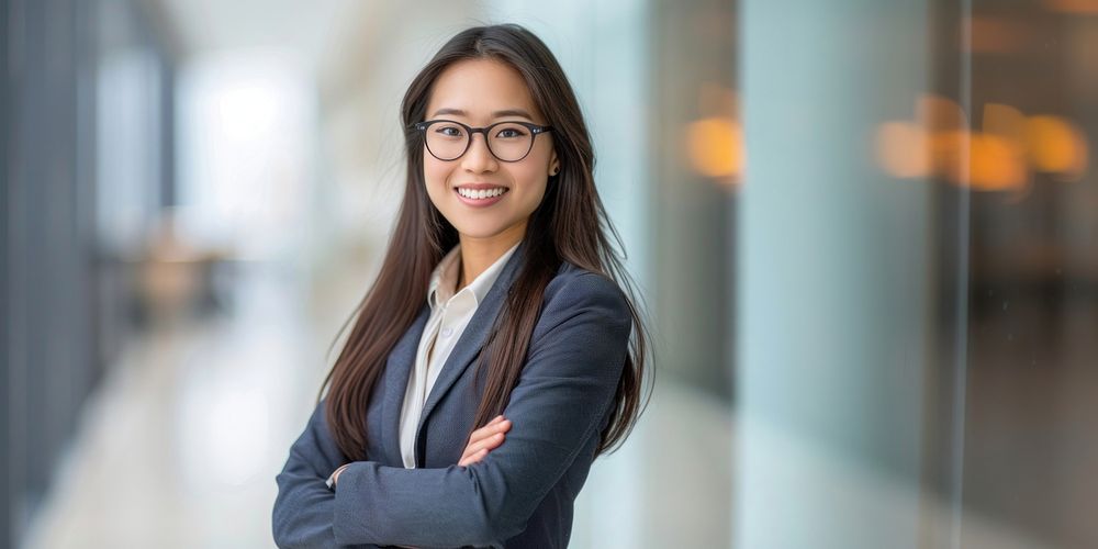 Business woman wearing glasses executive business office.