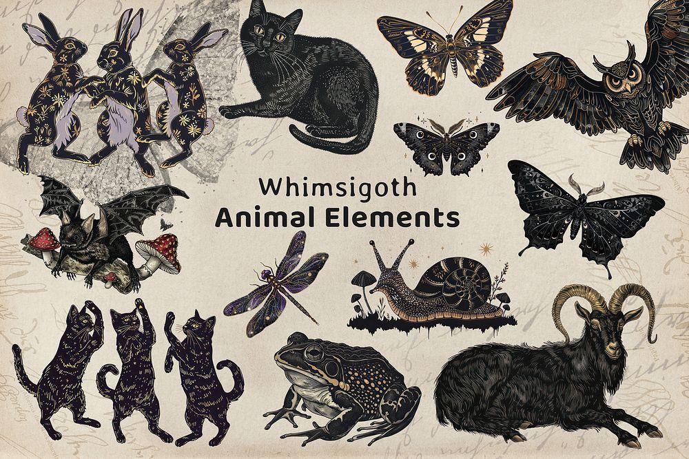 Whimsigoth black animal design element set