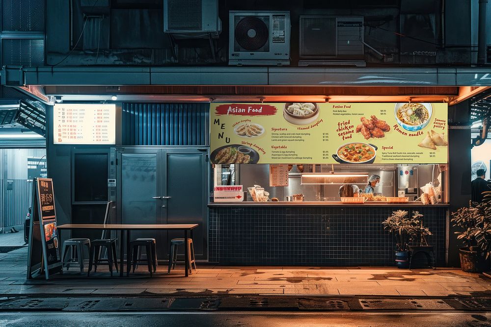 night street food storefront sign mockup psd