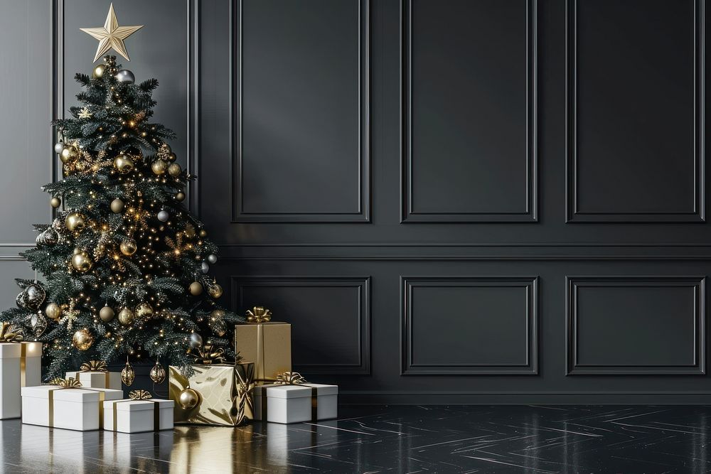 Dark color wall with a Christmas tree christmas elegant gifts.