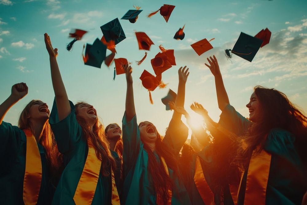 Real group of cheerful student celebrating graduation students.