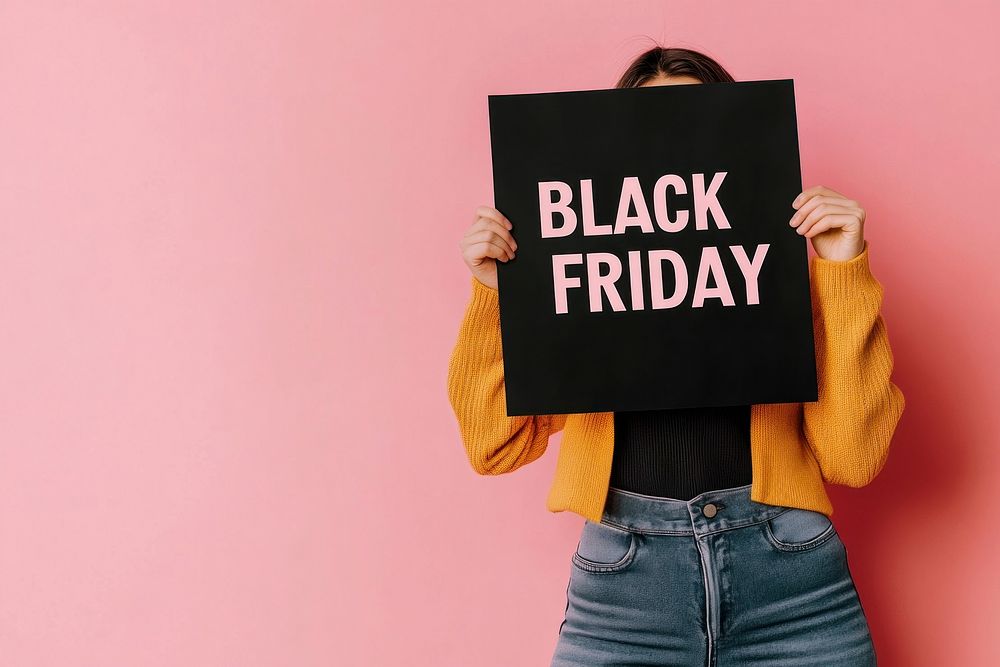 Woman holding a3 poster background friday photo.