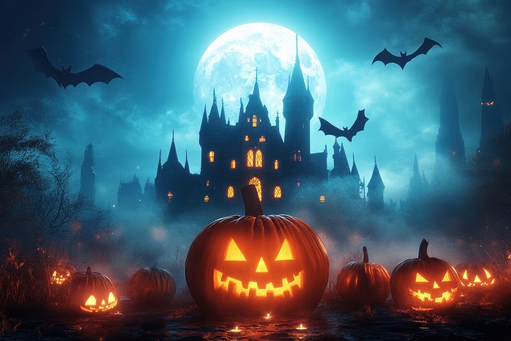 Halloween background with big pumpkins halloween atmosphere haunted.