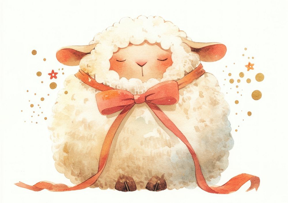 Coquette chubby sheep illustration watercolor colors.